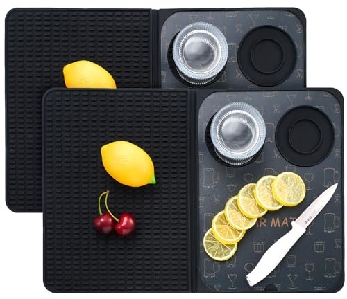 Tioncy 2 Pcs Bar Mats, Home Bar Accessories, Multifunctional Folding Cocktail Mat with Cutting Board, 18 x 12 Inch Drying Mat Non-Slip Silicone Board for Outdoor Countertop Camping, Picnic Black