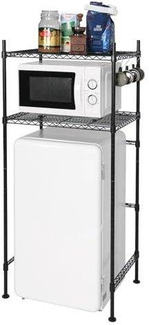 LUCKUP Mini Fridge Shelf 2-Tier Height Adjustable Mini Fridge Stand with Storage for Dorm Space Saving, Metal Microwave Organizer Shelf for Kitchen Room Apartment, Black