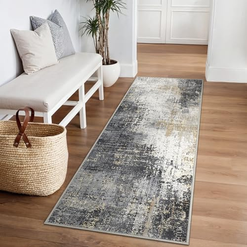 BEIMO Alfombra Salon Pelo Corto, Moderna Alfombra Habitación, Alfombras Antideslizantes Lavables, Alfombras Abstractas para Pasillo, Comedor, Cuarto Pequeño, Gris, 80x200cm
