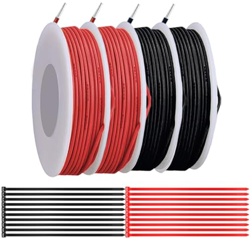 MKBKLLJY 26 Gauge solid tråd 300 V PVC-elkabel 26 AWG isolering förtennad belagd kopparkabel anslutningskabel 2 färger (röd/svart) 5 m/16,4 fot per kabel, sortiment för elektronikentusiaster