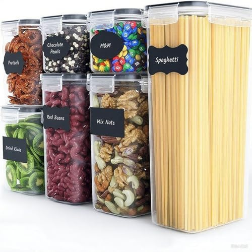 Food Storage Containers Set 7 Pcs, Storage Containerswith Lids Airtight, BPA Free Plastic Cereal Storage Container, Stackable Kitchen Storage Container for Cereal, Pasta, Snacks, Spices with 10 Labels