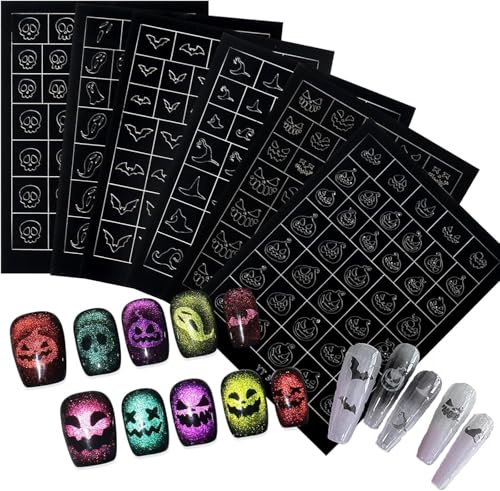 Set d'autocollants pour ongles Halloween, 6 feuilles de pochoirs creux autocollants pour le nail art, Motifs effrayants et élégants avec, pour les manucures en salon et à domicile