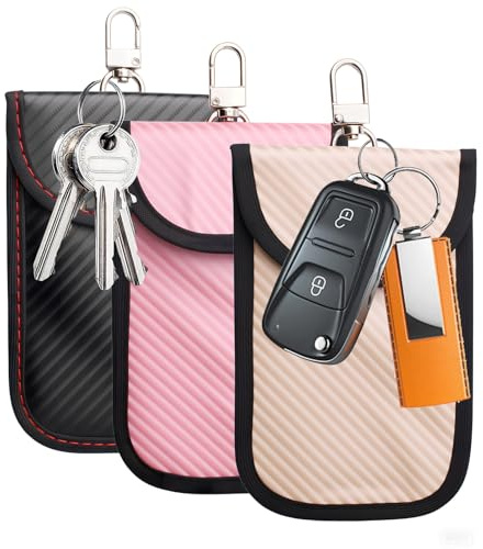 Car Key Faraday Pouch 3 Pack RFID Signal Blocking Bag for Anti-Theft Car Key Protection Signal Shield Case Key Fob Protector Prevents Keyless Entry Theft (Pink/Gold/Black)