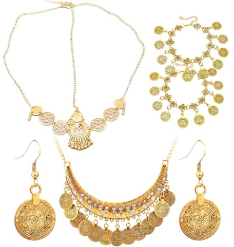 Accessoires de danse orientale avec collier, bijoux de danse dorés, boucles d'oreilles, bracelets, coiffe gitane, foulard de hanche à franges réglables, accessoire photo pour costume féminin, festival