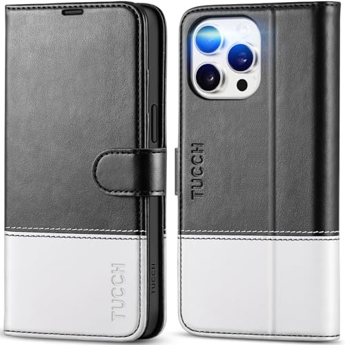 TUCCH Funda para iPhone 15 Cuero PU, Negro & Blanco | Flip Folio, Bloqueo RFID, Ranura para Tarjeta, Soporte de Teléfono, Tapa Libro