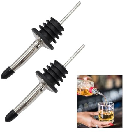 2 Pack Stainless Steel Speed Pourers with Rubber Stoppers, Leak-Proof Universal Bottle Spouts for Liquor, Olive Oil, Syrup & Vinegar, Rust-Resistant Bar Tools for Home Bar, Kitchen & Pub
