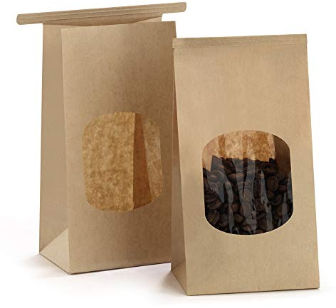 BagDream Small Bakery Bags with Window 100Pcs 3.54x2.36x6.7 Inches Tin Tie Tab Lock Kraft Brown Window Paper Bags for Coffee Bean, Cookies, Treat, Snack