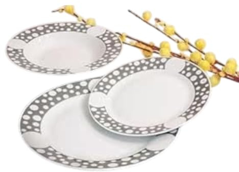 Albalù Servizio Piatti 18 Pezzi 6 Persone in Ceramica Micro Pois Bianco e Grigio - Set Piatti Moderni Piani Fondi Frutta Lavabili in Lavastoviglie
