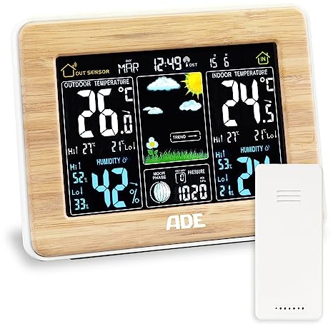 ADE Station météo Radio intérieur avec capteur extérieur sans Fil | Thermomètre, hygromètre, baromètre | Prévisions météo animées | Horloge Radio réveil | Grand écran Couleur | Bambou