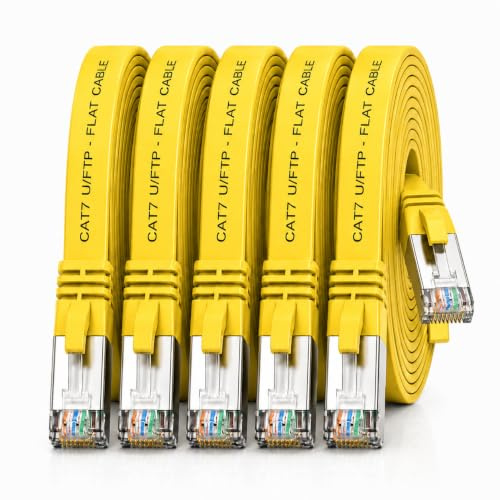 5x Câble Ethernet CAT7 plat 1m U/FTP 10 Gbit/s fiches RJ45 Cat6a jaune | Câble réseau LAN plat, flexible, LSZH pour box Internet, routeur, switch, PC, TV, console, modem, NAS et panneau de brassage.