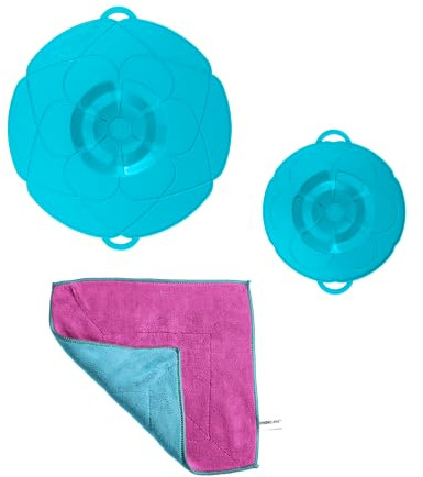 Kochblume Spar-Set für Töpfe von 14 bis 24 cm mit Microfasertuch als Set in der bunten Box | Silikon Überkochschutz für Töpfe und Pfannen (türkis)