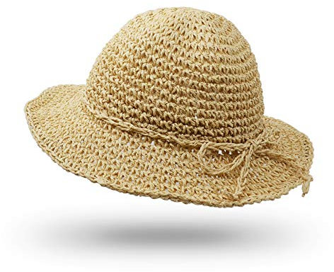 UltraKey Strohhut, handgemachte Strandmütze mit breiter Krempe Faltbare Outdoor-Sonnenhut-Strand-Kopfbedeckung für Erwachsene Kinder Mann Frauen Kind beige