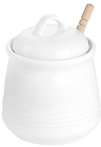 HAOTOP Ceramic Honey pot with Lid and Honey Dipper,Porcelain Honey Jar Easy to Clean and Dishwasher Safe,12oz (White)