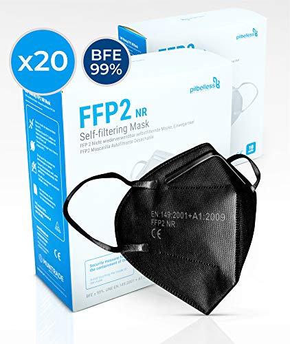 Mascarilla FPP2 NEGRAS - Caja 20 uds. Certificado CE - Ultraresistente ≥99% anti-filtración - individualmente embolsado - mascarilla desechable