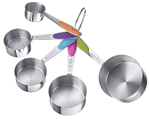 Westmark 5 Messlöffel, Set, Mit Ring verbunden, Für 30 ml, 60 ml, 80 ml, 125 ml, 250 ml, Rostfreier Edelstahl/Silikon, Pendo, Silber/Grün/Pink/Blau/Lila/Orange, 30612270