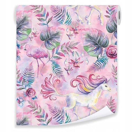 Vlies Tapete Rolle Kinderzimmer Einhorn Rosa Mädchenzimmer 10mx50cm Modern 10M Vliestapete Kindertapete Mädchen Tapeten Wandtapete Mustertapete Tapetenrolle inklusiv Kleister UV-Beständig (1014)