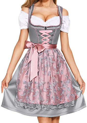 AMZHOTER Dirndl Midi, kostymklänning, kostymmode, kostymkjol, klänning inkl. dirndl-blus, dirndl-förkläde, 3 delar för Oktoberfest speciella tillfällen, grå, silver, 46 SE