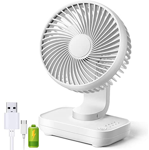 Panlom USB Tischventilator 5,4 Zoll 4 Geschwindigkeiten Kühlung Leiser Betrieb 90° Variable Neigung Kabellos Klein Wiederaufladbar Tischventilator Perfekt für Schlafzimmer Büro (Weiß)