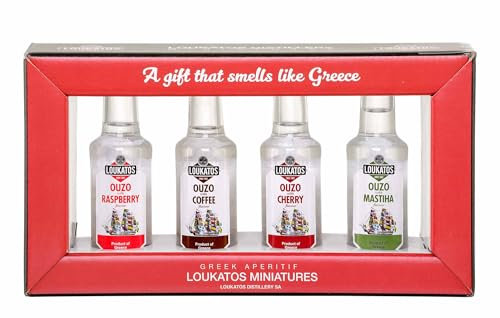 Ouzo Loukatos Taste No. 2 38% Probierbox 4x 50ml | Ouzo mit Himbeere | Ouzo mit Kaffee | Ouzo mit Kirsche | Ouzo mit Masticha