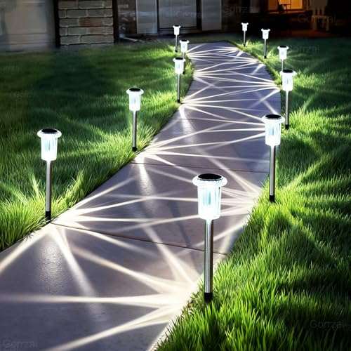 Gorrzai Solar Pathway Lights 10 Pack Solar Lights Outdoor Waterproof 6000K Cold White Yard Lighting, LED Stainless Steel Stake for Garden Outside Landscape Lawn Driveway Walkway Path