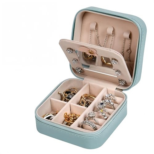 Aucuu Joyero Pequeña, Joyero Viaje con Espejo, Portátil Jewelry Organizer para Mujer, Joyero Pequeño para Mujeres, Cajas Pequeño para Joyas para Anillos, Pendientes, Collares, Pulseras, Aretes-Azul