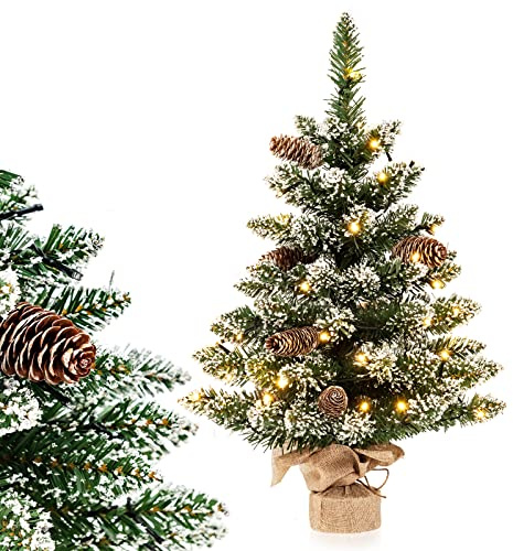 COSTWAY 60cm Künstlicher Weihnachtsbaum klein, Mini Tannenbaum mit Beleuchtung und Schnee, Tisch Christbaum, Kunstbaum mit Zementbasis und Tannenzapfen, für Haus Büro