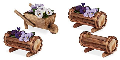 Relaxdays Pflanzengefäß Holz, 2 Stück, Pflanzschubkarre & halbes Blumenfass, Gartendeko & Pflanzengefäß, geflammtes Holz, 2 Stück, Gartendeko, halbes Blumenfass, Vintage Design, HBT: 11x20x9 cm, Natur