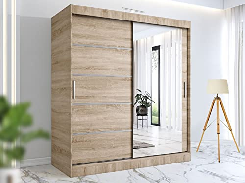 RAC3 Wardrobes for Bedroom with Mirrored Sliding Door & LED Light Premium Wardrobe Storage with Sleek Design comes in Colours Black/White/Grey/Oak & Different Sizes from 120cm - 250cm (Oak, 203cm)