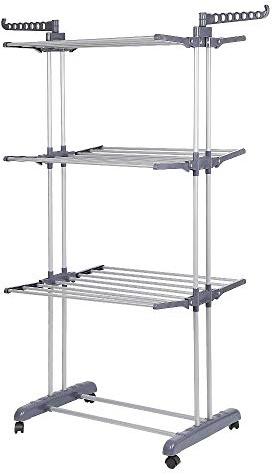 Étendoir à Linge Pliable, Etendoir Mobile, étendoir à Aile Pliante à Trois Couches, Tour de Sèche-Linge Réglable en Hauteur avec 4 Rouleaux,pour Intérieur Extérieur et Buanderie((75-126)*64*170cm)