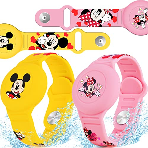 ZHOC Lot de 2 bracelets pour enfants, support étanche pour AirTag de dessin animé avec bracelet de montre, couverture complète anti-perte en silicone pour enfant, rose + bleu