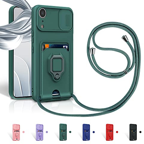 Aithne Case für iPhone XR Handykette Hüll,Slide kameraschutz,Silikon Handyhülle zum Umhängen Kette,360 Grad Ringhalter Stand Kartenfach-Grün