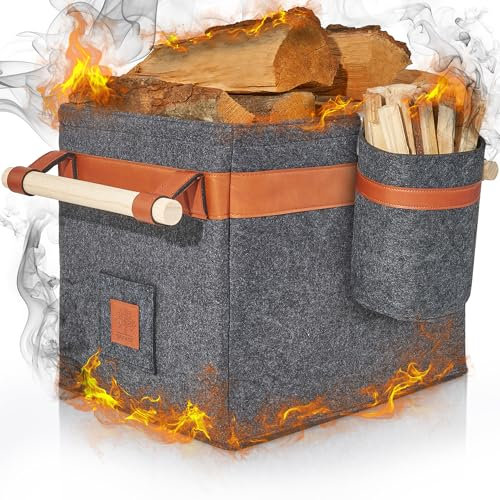 OAKAGE® Holzkorb für Kaminholz Groß mit Zündholzkorb [Integrierter Metallrahmen für Zusatzstabilität] Kaminholzkorb Feuerholzkorb Brennholzkorb Kaminkorb Filzkorb | Korb Dunkelgrau