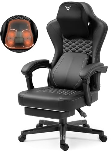 Vigosit Gaming Stuhl mit beheizter Massage Lendenwirbelstütze, Ergonomischer Gaming Computer Stuhl mit Taschenfederkissen und Fußstütze, Recliner High Back PC Stuhl für Erwachsene, schwarz