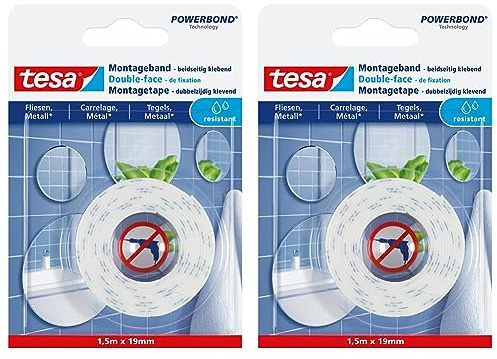 tesa Powerbond Montageband für Fliesen & Metall, feuchtraumbeständig, mit bis zu 10 kg Haltekraft pro Meter - doppelseitiges Montageklebeband für glatte Oberflächen - 1,5 m x 19 mm (Packung mit 2)