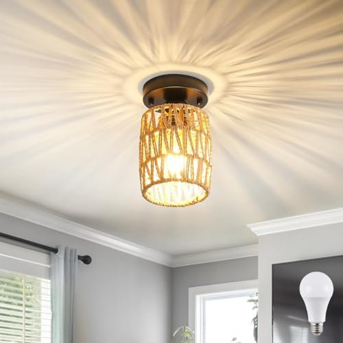 KZT E27 Retro Deckenleuchte Rattan Deckenlampe mit Gewebtem Lampenschirm Industrielle Deckenleuchten Boho Pendelleuchten Rustikal Käfig Deckenlampen für Wohnzimmer Schalfzimmer Küche Balkon Flur
