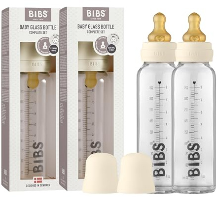 BIBS Baby glasflaska 225 ml, 2-pack, minskar kolik, rund napp av naturgummiklatex, stöder amning, komplett set – 225 ml (förpackning med 2), elfenben