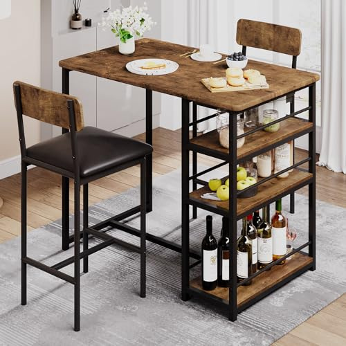 CABIHOME Dining Table Set for 2, Kitchen Table and Upholstered Chairs for 2, 3 Piece Counter Height Bar Table Set with 3 Large Storage Shelves for Small Space, Apartment, Studio, Rustic Brown