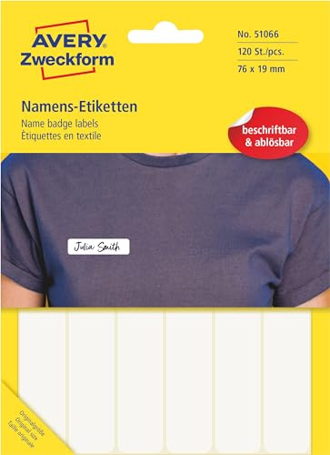 AVERY Zweckform Art. 51064 Namensetiketten für Kleidung (120 Namensaufkleber, 76x19mm, selbstklebend, Textiletiketten aus Folie, Namensschild handbeschriftbar, einfach ablösbar) 10 Blatt, weiß