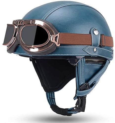 Casco Jet Vintage Omologato ECE,Mezzo Casco Moto Pelle D'epoca Con Occhiali Da Aviatore,Caschi Scooter Caschi Street Cruiser Da Uomo E Da Donna 55-62CM B,L