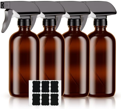 HOTUT 4-pack Amber glasspray, 500 ml glassprayflaska, brun glasflaska, bärnstenssprayflaskor med dimströmsinställningar med svarta pumpar, Sprayflaska glas för Rengöringsprodukter, Aromaterapi & Oljor
