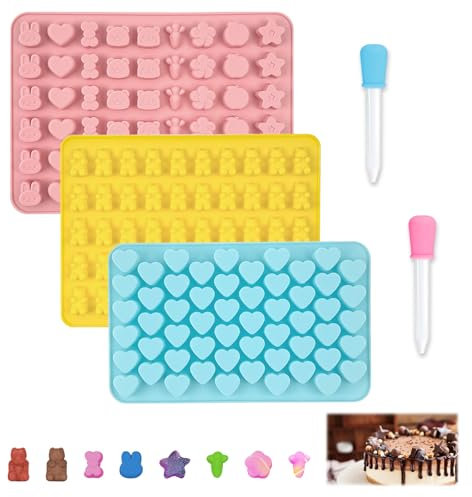 Realjoy 3 Stück Gummibärchen Form,Gummibärchen Selber Machen Set,Bonbon Formen Silikon mit 2 Pipetten,Pralinenform Silikon Schokoladenformen Für DIY-Schokolade,Eiswürfel,Kekse,Gelees
