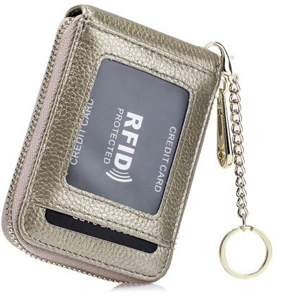 GreatRise Leder Kreditkartenetui Klein Kartenetui Damen Herren 12 Fächer Kartenmappe Visitenkartenetui Portmonee mit Münzfach, RFID Schutz, Reißverschlussetui, Schlüsselanhänger Gold