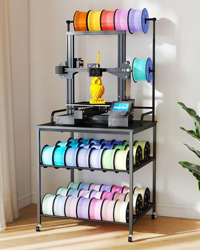 Suuiwau Estante de almacenamiento de filamentos para impresora 3D con ruedas, soporte de bobina de metal resistente de 3 niveles, organizador de filamentos para PLA/ABS/PETG/TPU, soporte de impresión