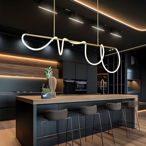 SITAFU Moderner linearer Kronleuchter, goldene LED-Pendelleuchte für Kücheninsel, Wohnzimmer, Esszimmer, Treppenhaus, Büro, nordische minimalistische LED-Pendelleuchte mit einstellbarer Höhe