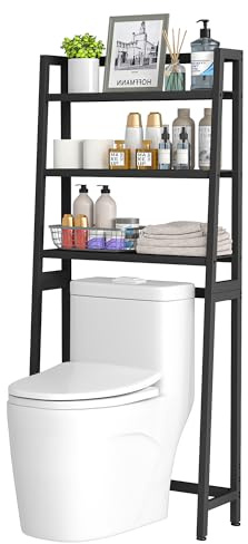 VASMIA Toilettenregal, 3-Ebenen Bambus WC Regal über die Toilette mit 3 Haken und Wasserdichten Fußpads,Freistehende über die Toilette Regal für das Badezimmer,Schwarz