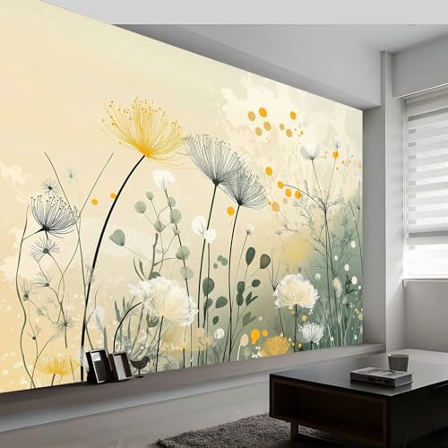 Vintage Vlies Fototapete 350 x 256 cm (B x H), Gelb Grün Abstrakt Pflanzen Wildblumen Löwenzahn Wandtapete, 3d Effekt Wanddeko fur Moderne Wohnzimmer Schlafzimmer Hintergrund