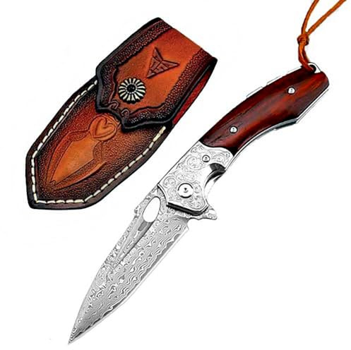 Joa Taschenmesser Damast Klappmesser Klein mit Holzgriff | Damaszener Damaststahl, Einhandmesser Flipper, Outdoor Survival Jagdmesser, Leder Holster, EDC