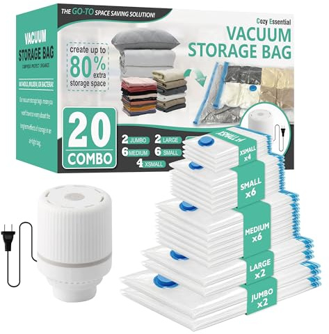 Cozy Essential 20 Pack Vacuum Storage Bags with Electric Pump, Vacuum Seal Bags for Clothing, Pillows, Blanket Bedding Comforters