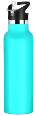 Solid Color Pure Cyan Plain Aqua Lightweight Sports Insulated Water Bottle with Straw Vacuum Insulated for Water, Milk, Juice, School, Camp, Sport