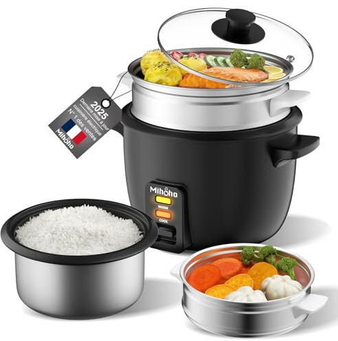Cuiseur à riz, cuiseur à riz 2 L avec cuiseur vapeur, cuiseur à riz avec cuve intérieure antiadhésive pour préparer des soupes,des ragoûts,des céréales,des céréales,Conservation de la chaleur (noir P)
